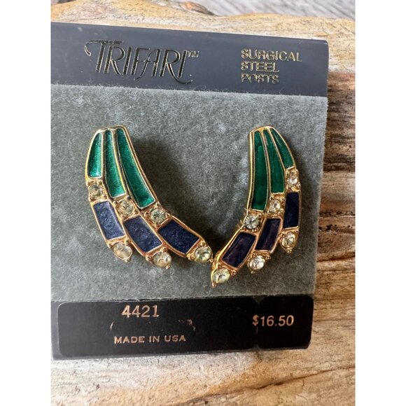 Vintage Trifari Earrings Surgical Steel Posts Blue & Green Enamel 4421 - Picture 4 of 5